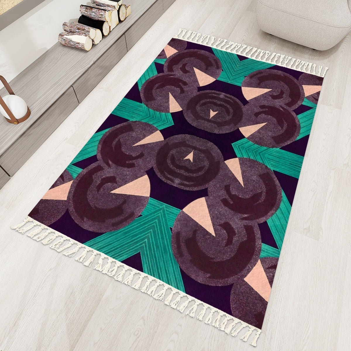 Pretty Prismes Malachite and Rose Area Rug with Tassels (5x3) | Boho Eclectic Rug - POP DECO