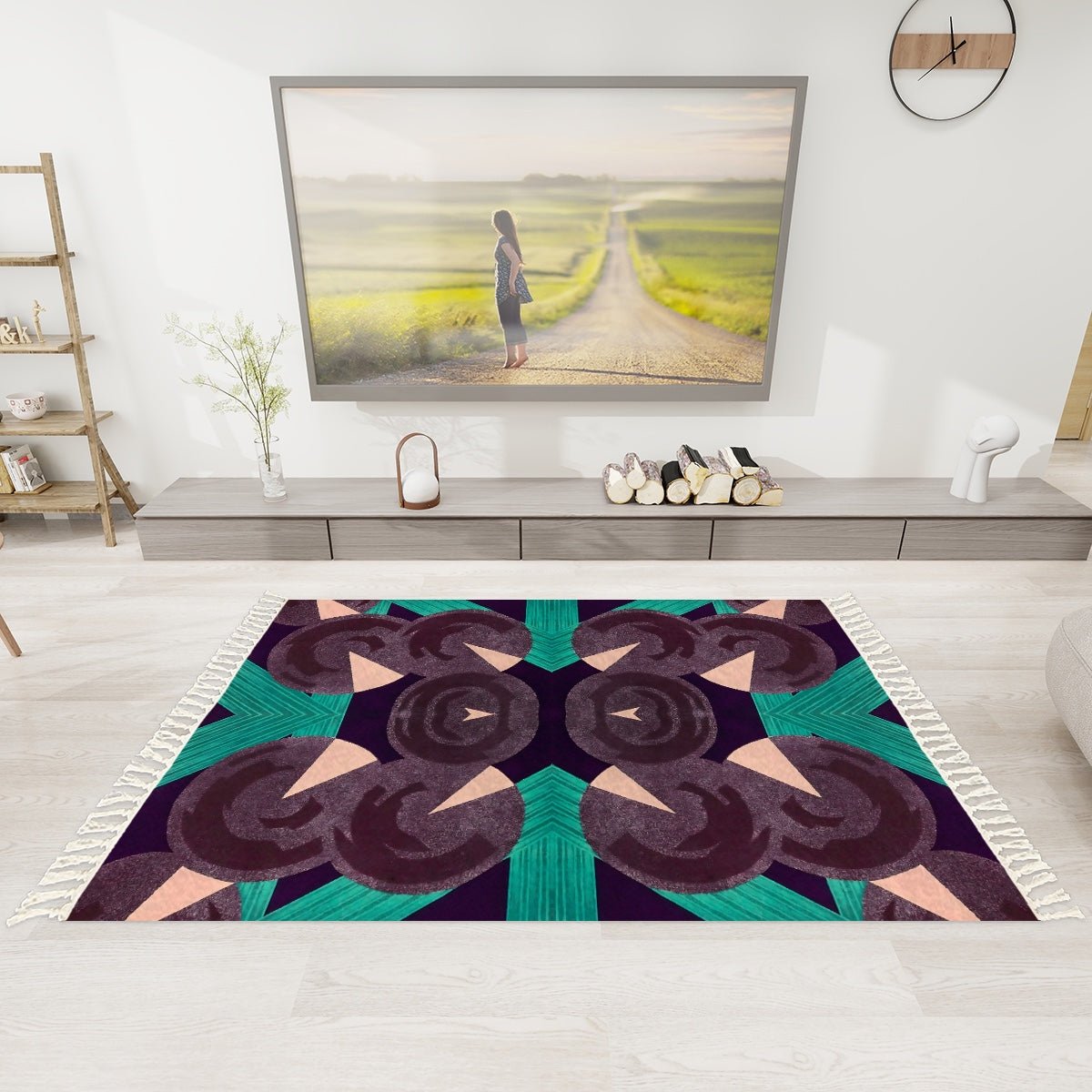 Pretty Prismes Malachite and Rose Area Rug with Tassels (5x3) | Boho Eclectic Rug - POP DECO