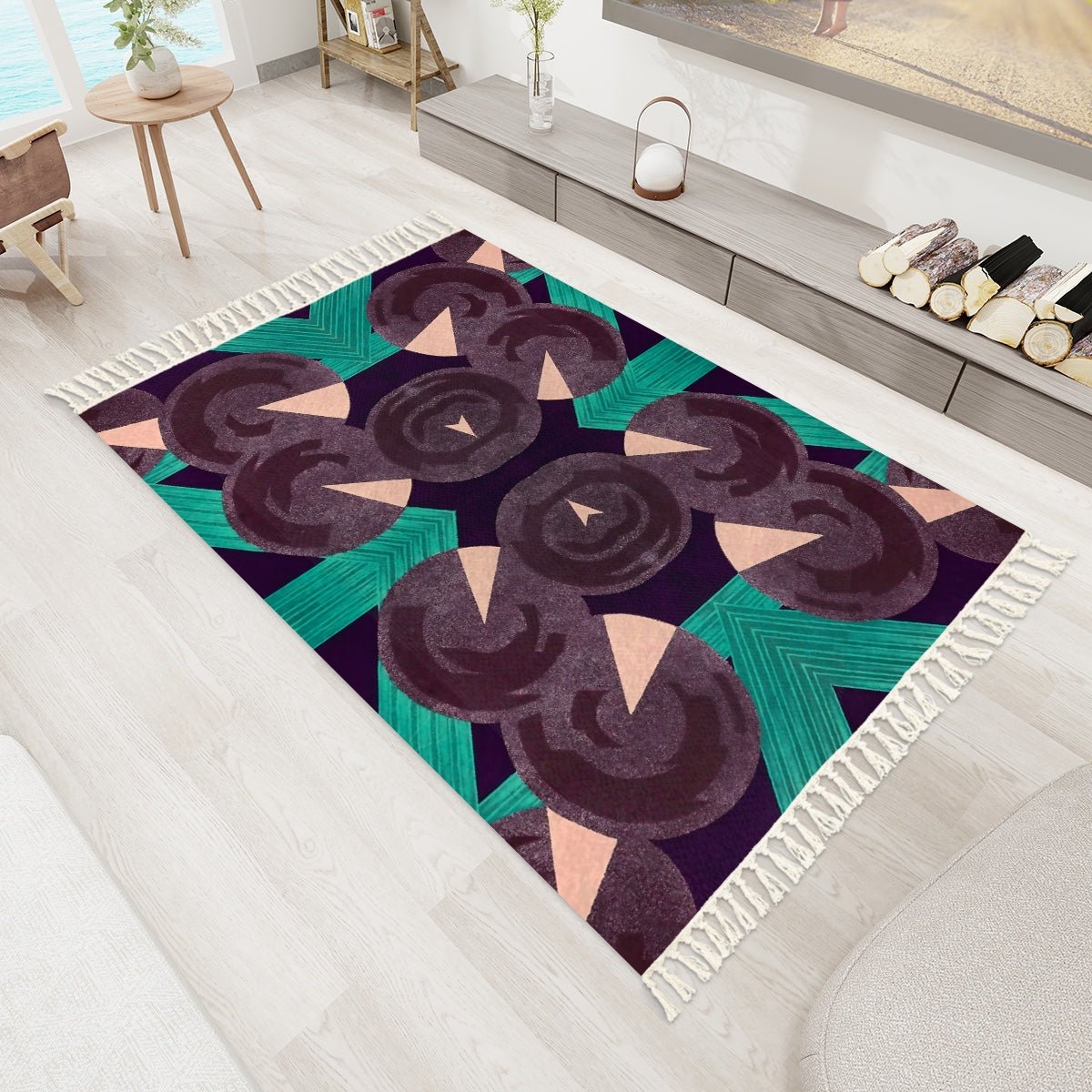 Pretty Prismes Malachite and Rose Area Rug with Tassels (5x3) | Boho Eclectic Rug - POP DECO