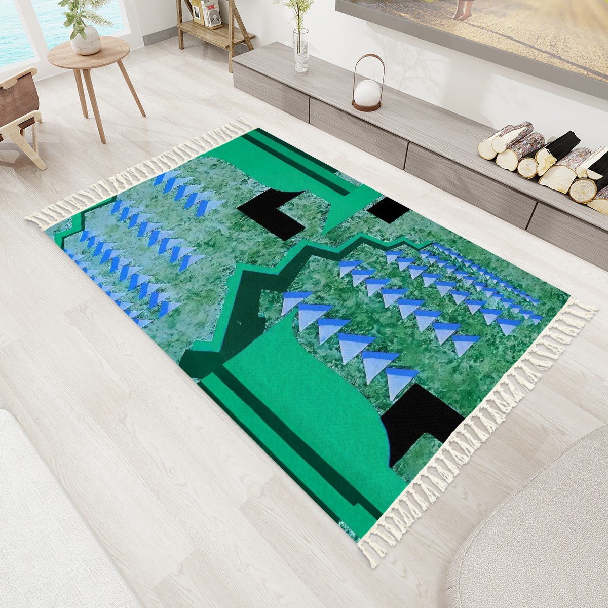 Pretty Prismes Turquoise and Emerald Area Rug with Tassels (5x3) | Boho Eclectic Rug - POP DECO